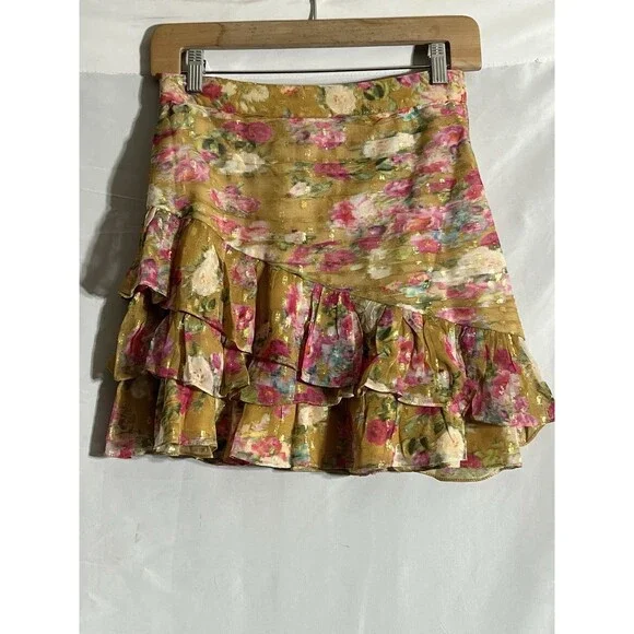 Rococo Sand Skirt Woman's S Mini Silk Floral Gold Details Ruffles Pleated B - Picture 4 of 8